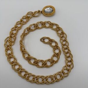 Vintage Gold Tone Textured Chain Belt Clear Crystal Oval‎ Buckle Statement Bold
